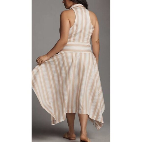 Maeve Sz 8 Dress Anthropologie Asymmetrical Handkerchief Hem Striped Beige White - Picture 2 of 9